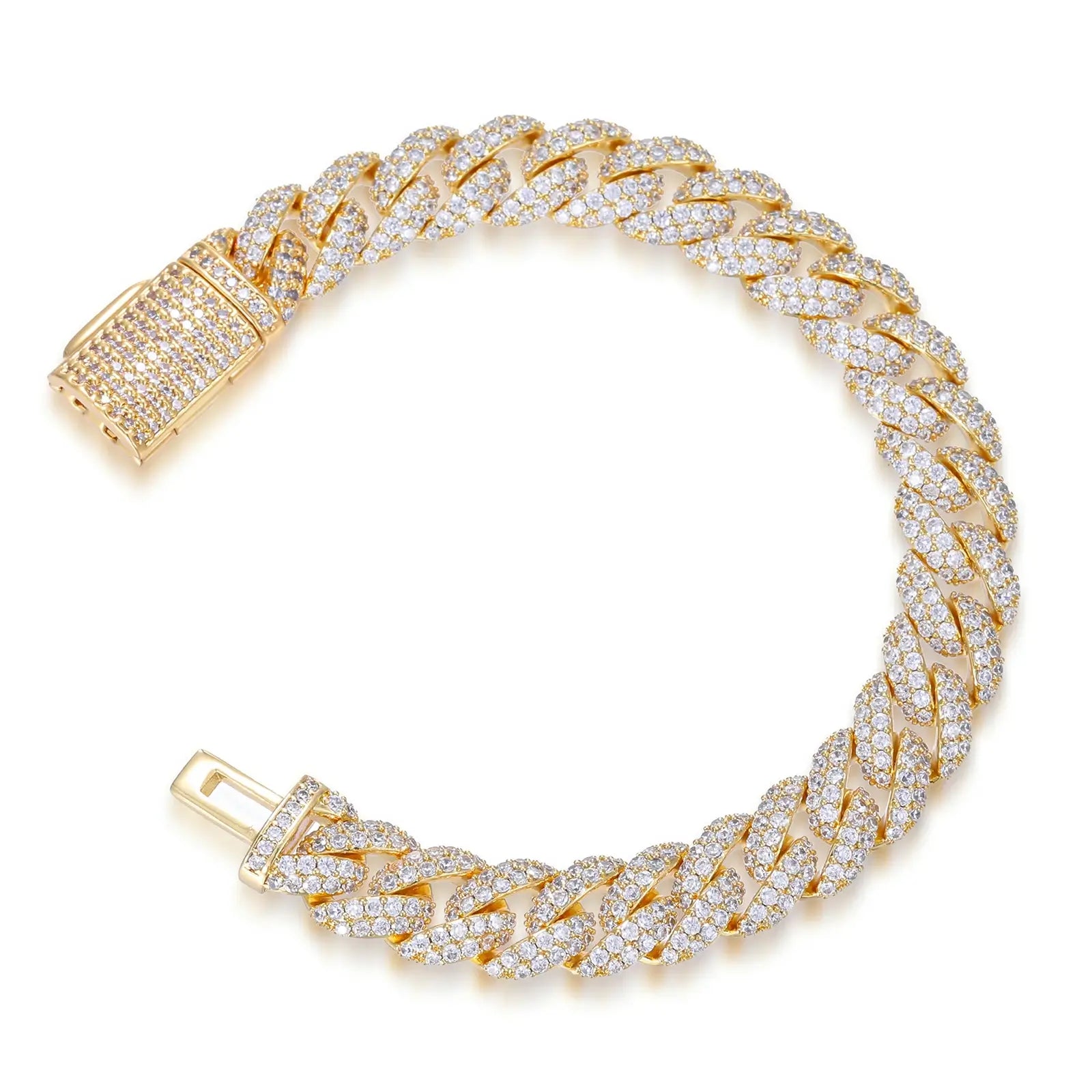 Yellow gold Cuban link bracelet on white background, showcasing rich gold tone and sparkling CZ stones in professional studio lighting.