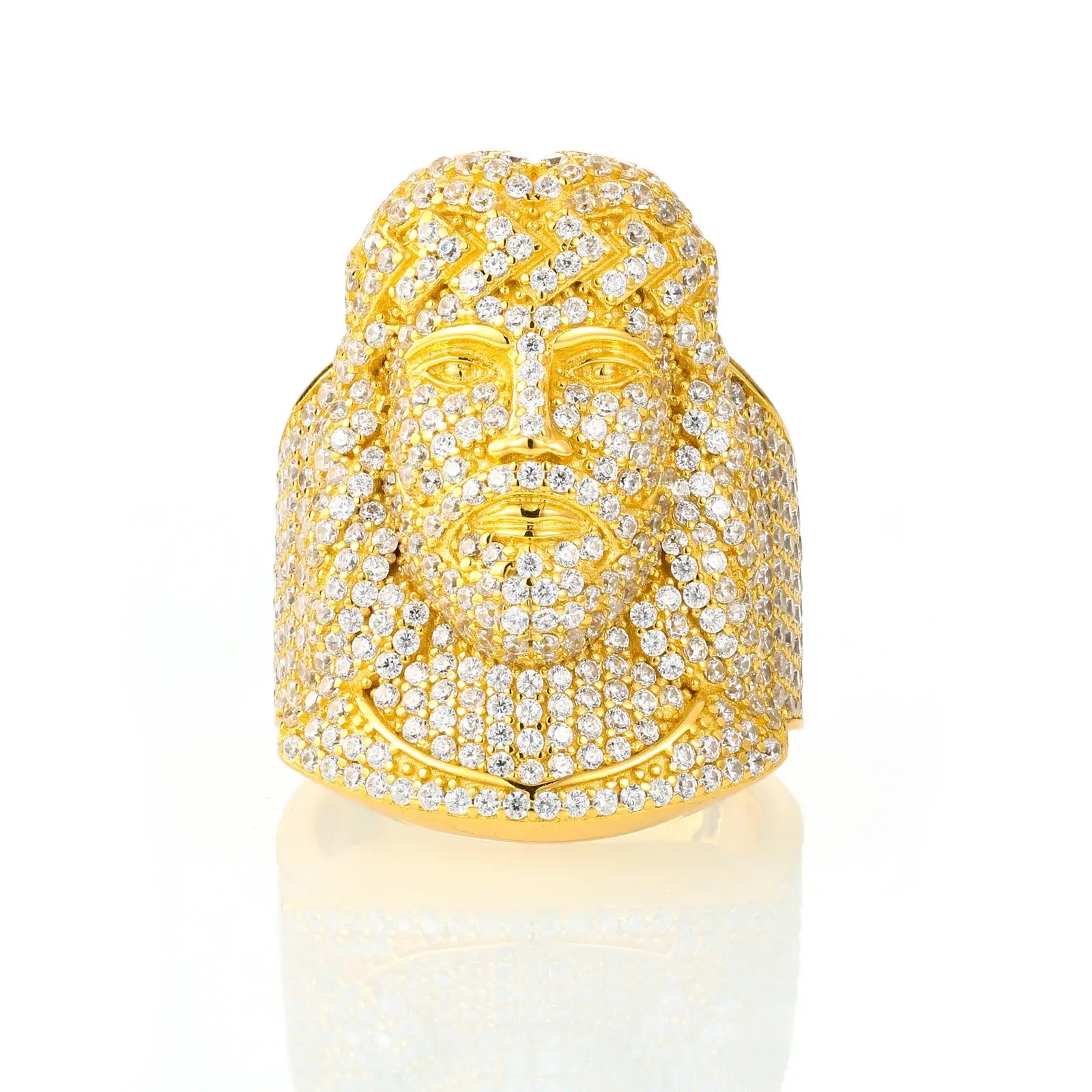 24K gold plated Jesus ring on white - micro-pavé crown with moissanite sparks | Waterproof religious jewelry