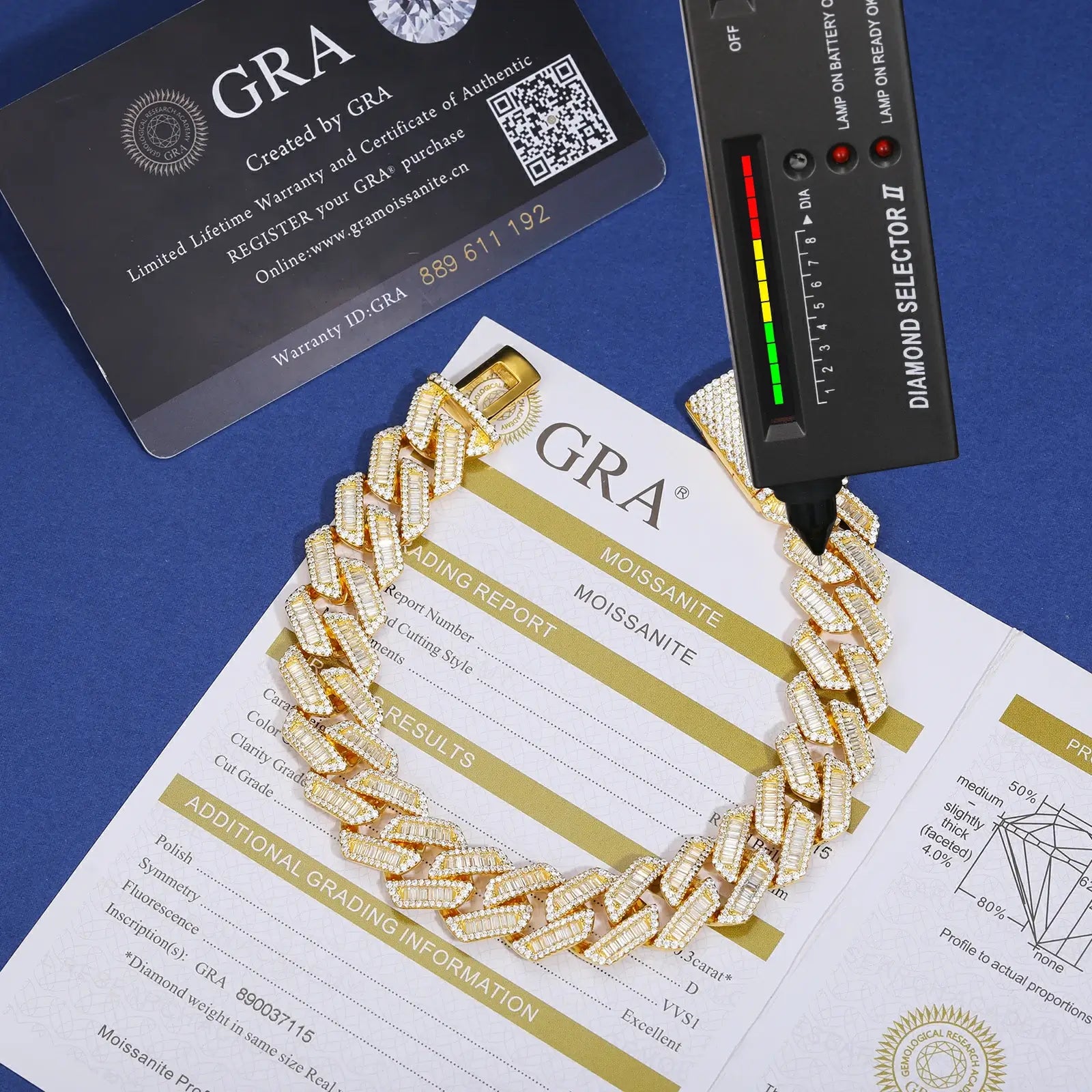 Genuine 14mm yellow gold moissanite Cuban bracelet undergoing diamond tester verification with GRA certificate, proving authentic quality and brilliance.