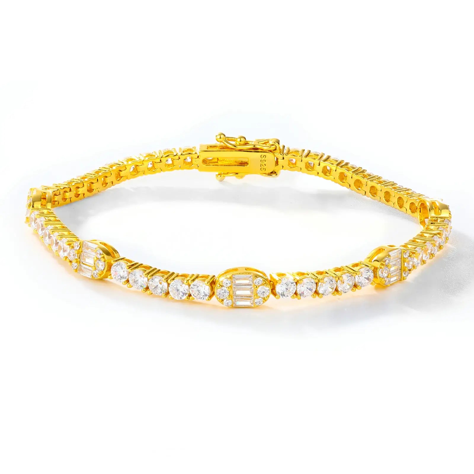 Luxury 5.5mm yellow gold pills bracelet - hypoallergenic S925 silver with brilliant moissanite stones isolated shot